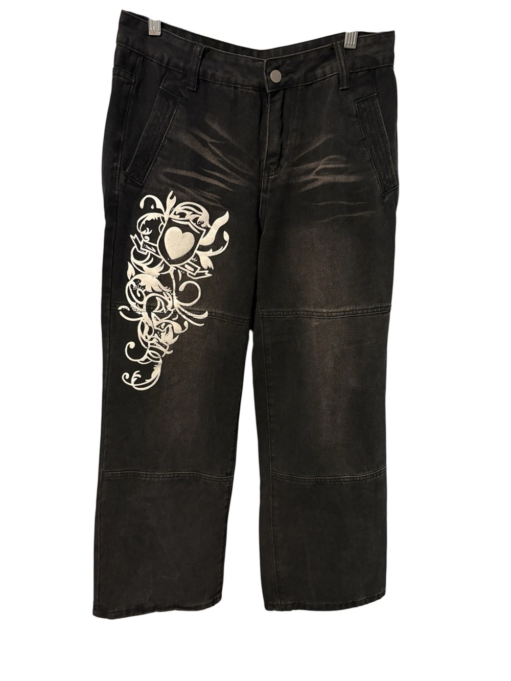 Y2K Style Wide Leg Graphic Print Distressed Black Jeans